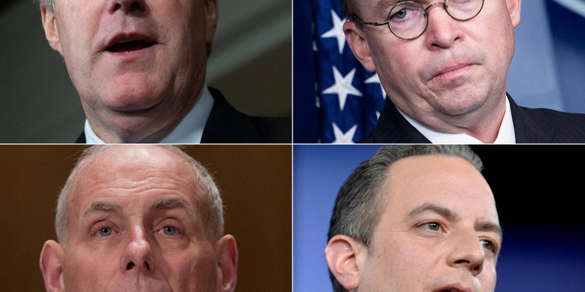 Balra fent Mike Mulvaney, alatta John Kelly, jobbra fent Reince Priebus, alatta Mark Meadows