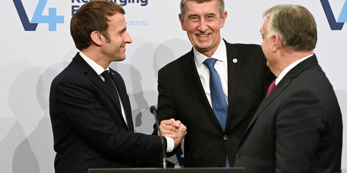 Macron, Babiš és Orbán 2021. december 13-án a budapesti Franciaország–V4 csúcstalálkozón