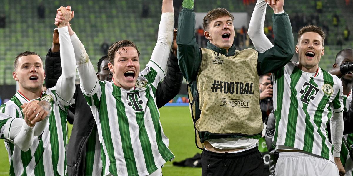 A Ferencváros játékosai ünnepelnek az AZ Alkmaar elleni mérkőzés után a Groupama Arénában 2025. január 30-án