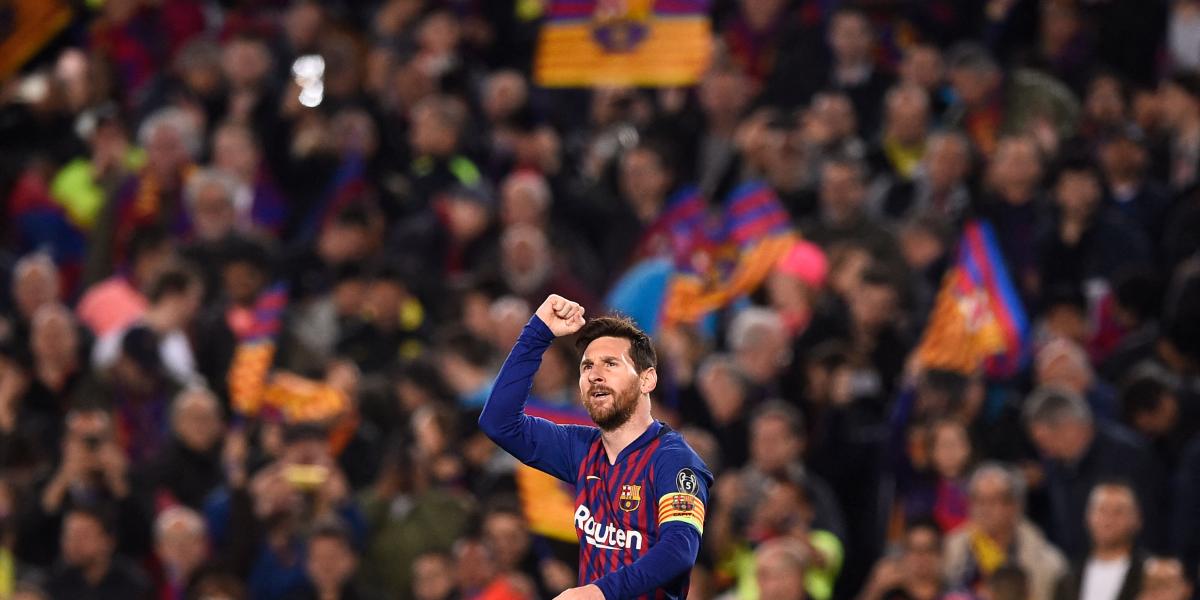 Lionel Messi a Bajnokok Ligája negyeddöntőjében lőtt gólját ünnepli a Camp Nou-ban 2019. április 16-án 