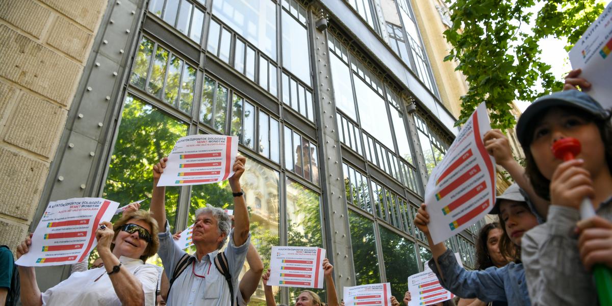 A Tudományos Dolgozók Demokratikus Szakszervezetének demonstrációja a HUN_REN székháza előtt június 20-án 