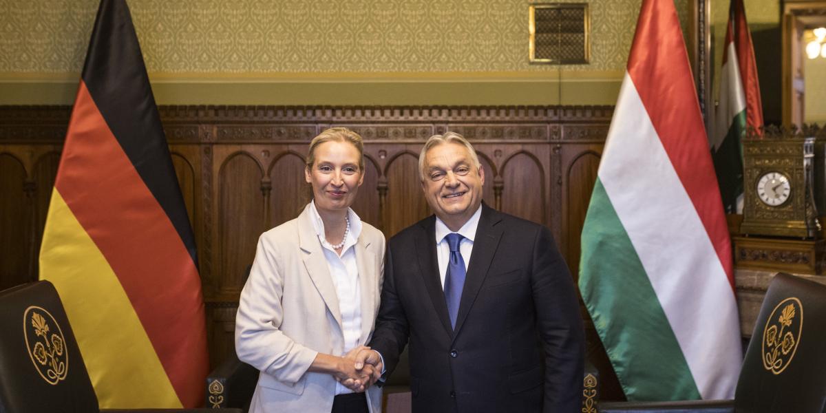 Orbán Viktor miniszterelnök fogadja Alice Weidelt, az Alternatíva Németországért (AfD) párt társelnökét a Parlamentben 2025. október 20-án.