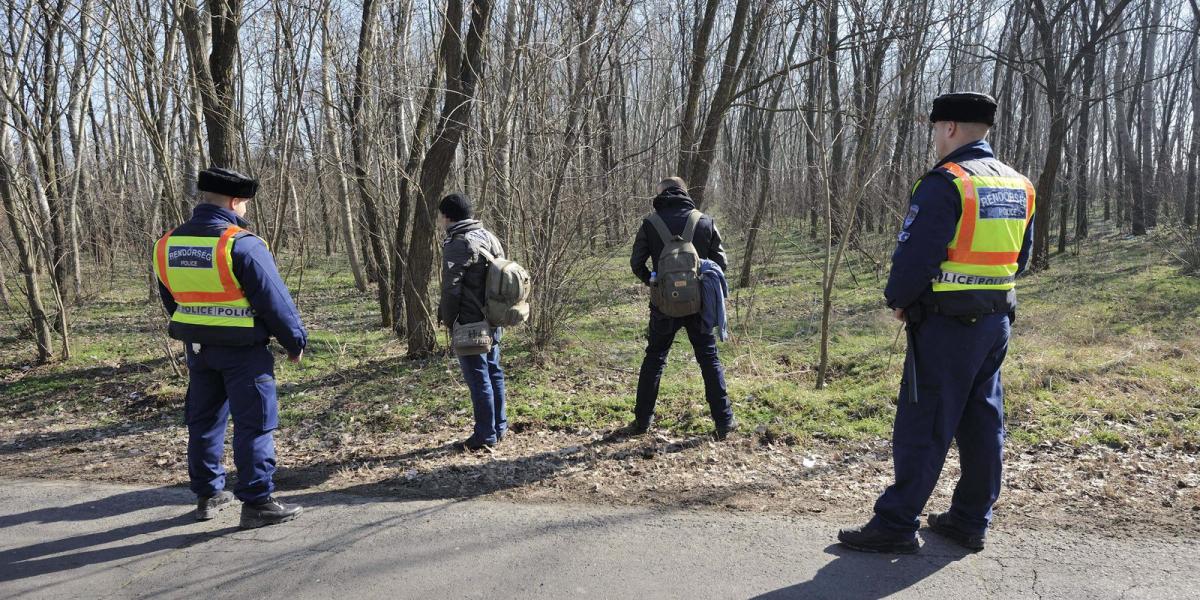 Rendőrök feltartóztatott határsértőket őriznek Ásotthalom külterületén egy korábbi felvételen. MTI Fotó: Kelemen Zoltán Gergely