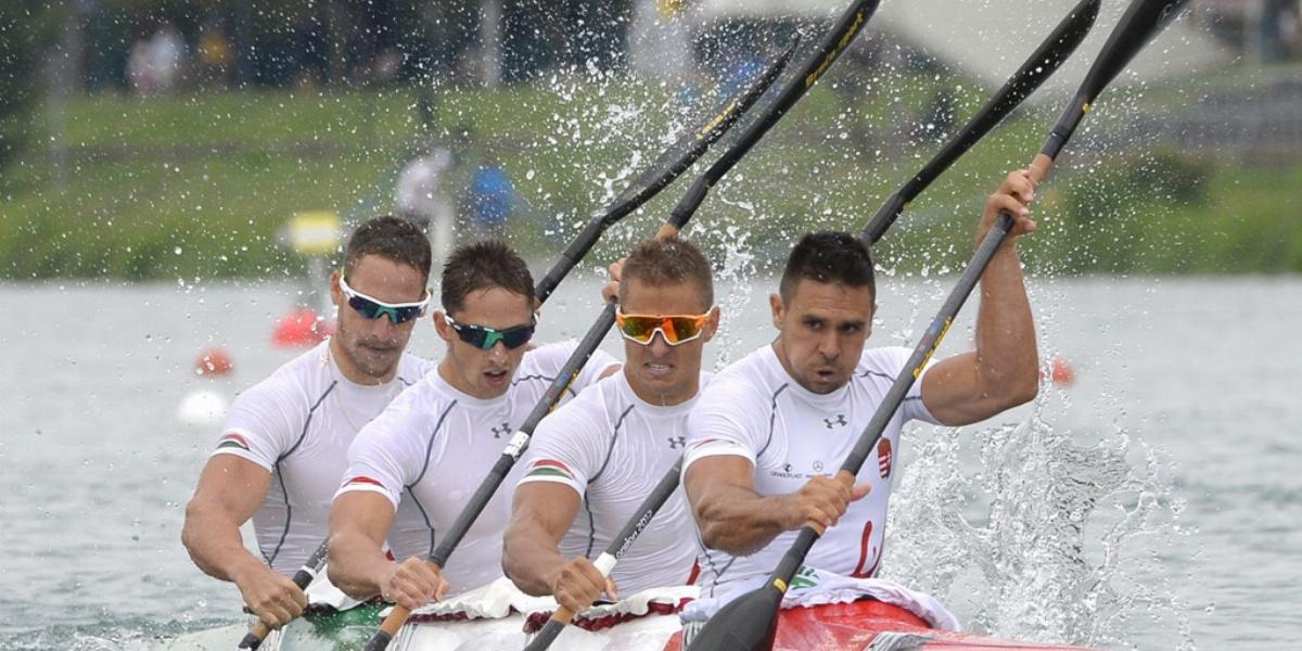 A Bakuban győztes Kammerer Zoltán, Tóth Dávid, Kulifai Tamás, Paumann Dániel kajak négyes most ezüstéremmel zárt FOTÓ: MTI/KOVÁC