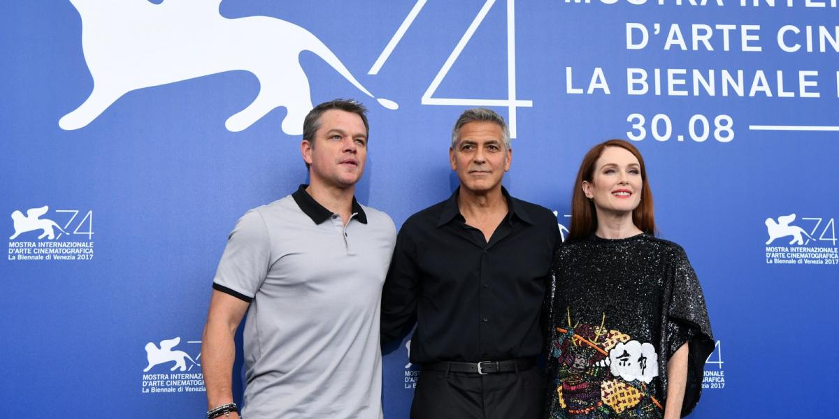 Matt Damon, George Clooney és Julianne Moore a Suburbicon velencei bemutatóján. Fotó: AFP/Tiziana Fabi