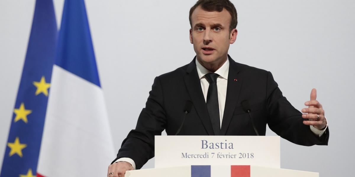 Emmanuel Macron beszédet mond Korzikán, 2018. február 7. Fotó: BENOIT TESSIER / POOL / AFP 