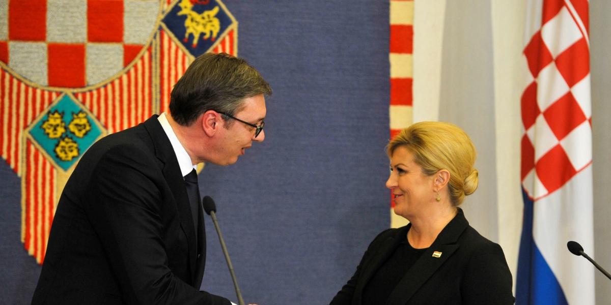 Aleksandar Vucic szerb- és Kolinda Grabar-Kitarovic horvát államfő Zágrábban, 2018 február 12. Fotó: Samir Yordamovic / ANADOLU 