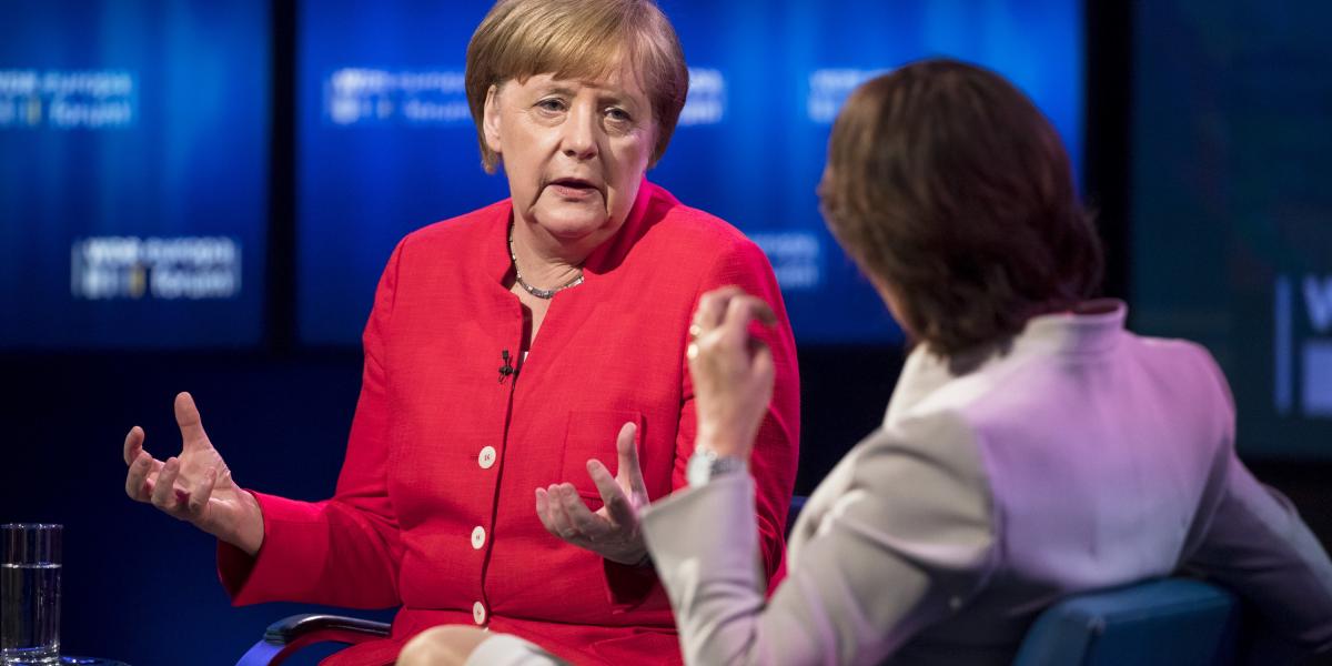 Angela Merkel a WDF Europa Forum pódiumbeszélgetésen, 2018. június 7. Fotó: Emmanuele Contini / NurPhoto