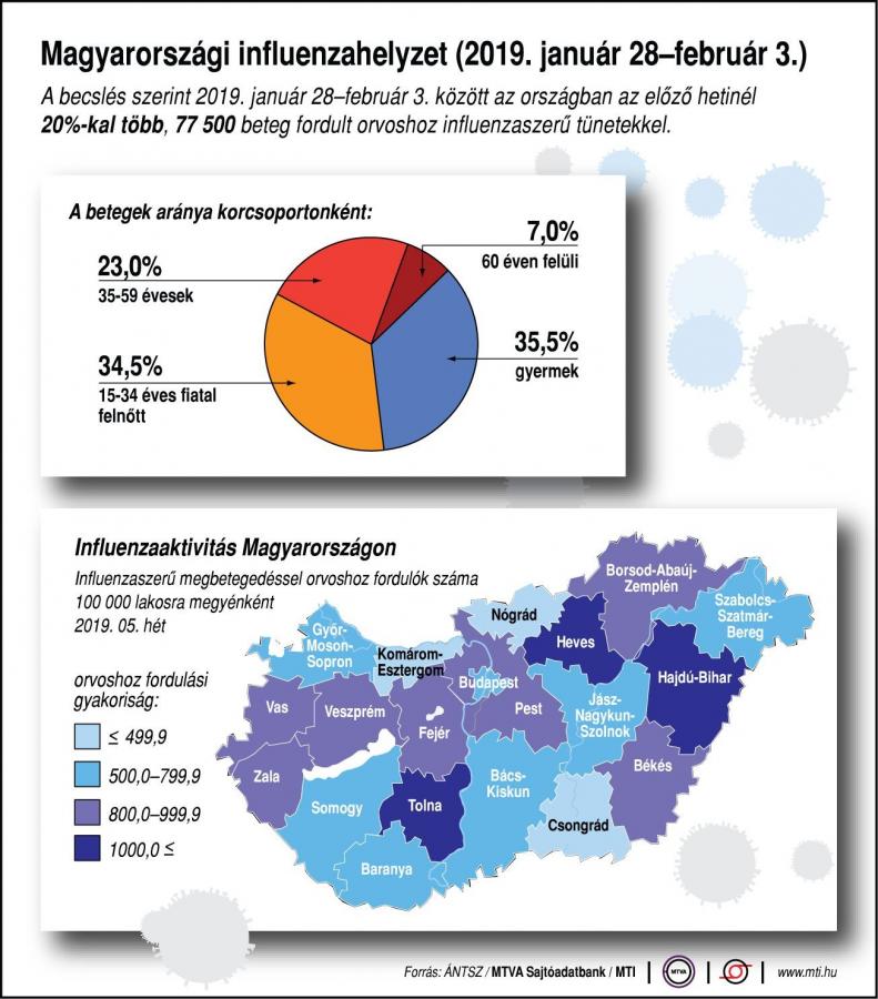 Magyarországi influenzahelyzet (2019. január 28-február 3.); a betegek aránya korcsoportonként; influenzaaktivitás megyénként