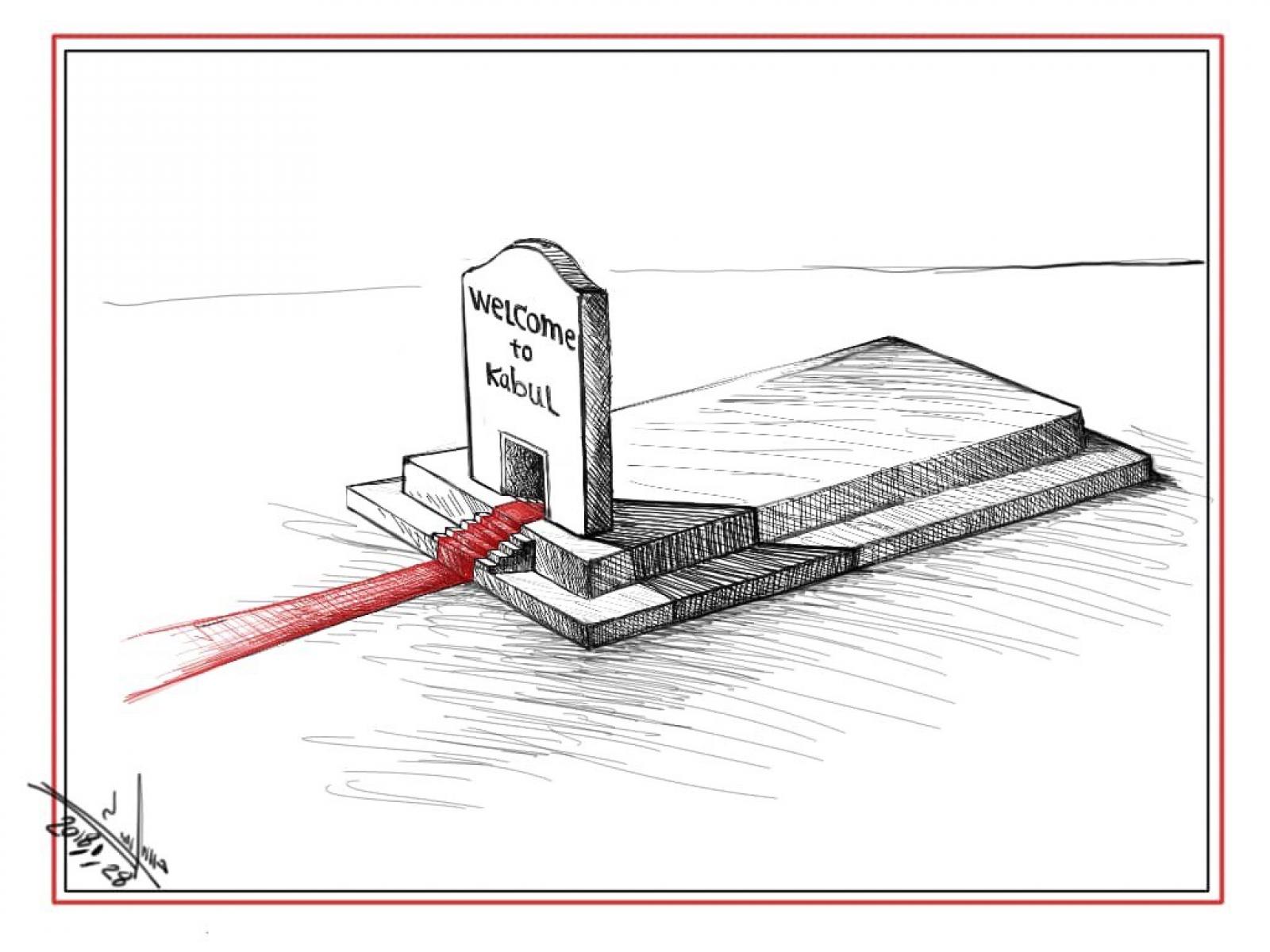 Hoszein Razaei rajzain gyakran megjelenik a tálib rezsim lesújtó kritikája