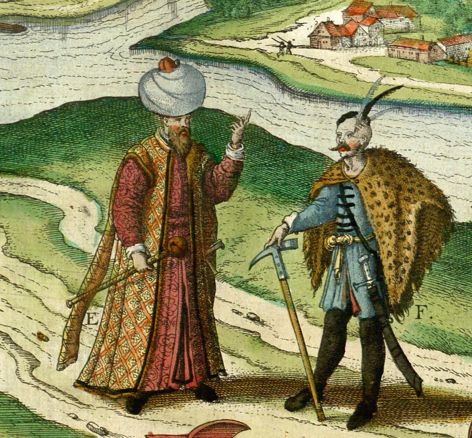 Török előkelőség és magyar katona, háttérben Buda és Pest látképének részlete (Braun-Hagenberg: Civitates orbis terrarum)