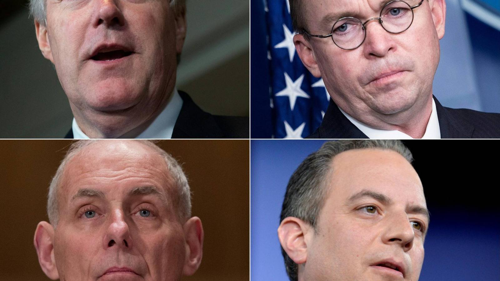 Balra fent Mike Mulvaney, alatta John Kelly, jobbra fent Reince Priebus, alatta Mark Meadows