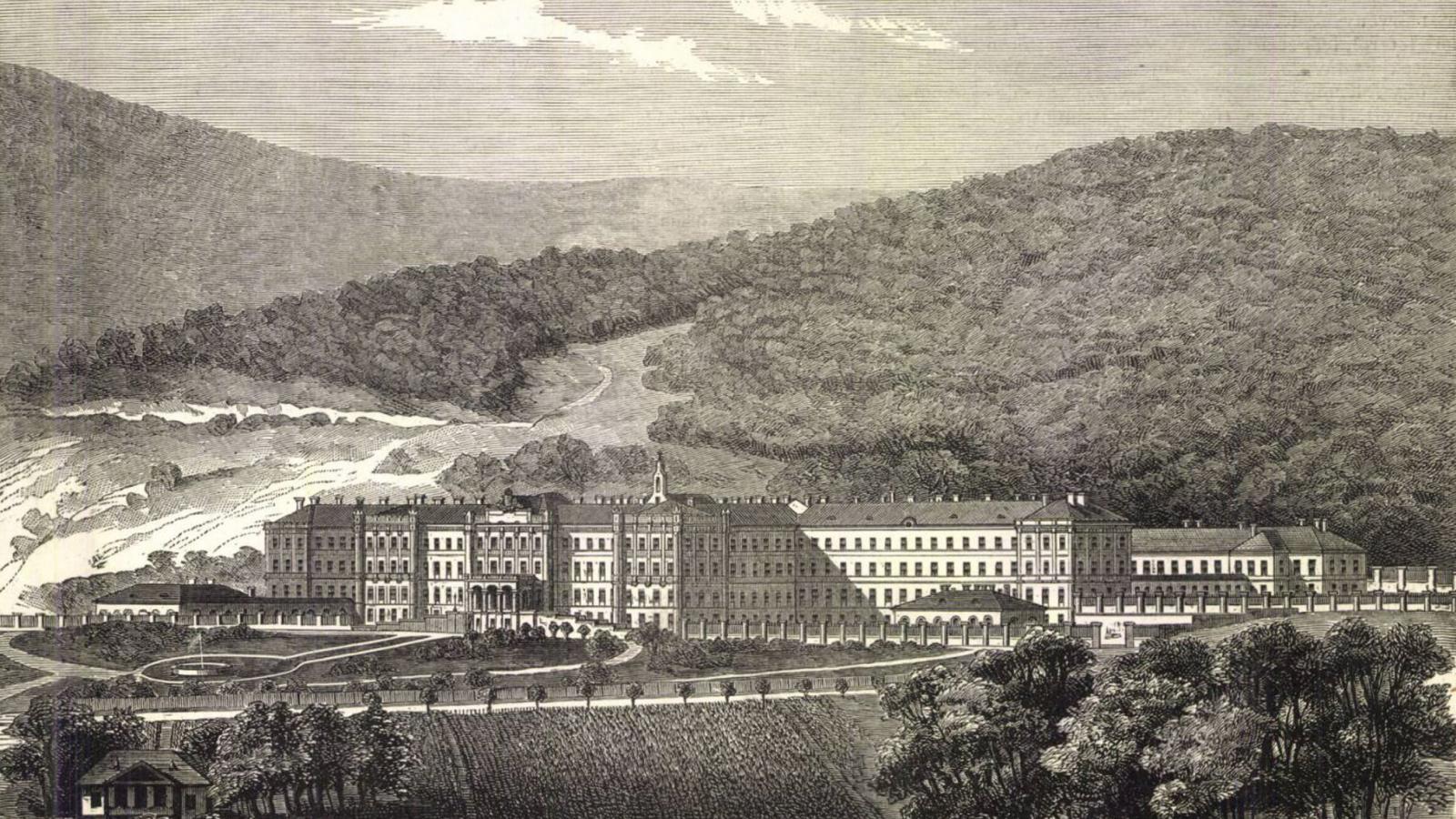 A lipótmezei Országos Tébolyda 1869-ben. Az államköltségen gyógyulók szegények 10-12 fős hálótermekben, a borsos napidíjat fizető módosak saját szobákban leltek itt megnyugvást