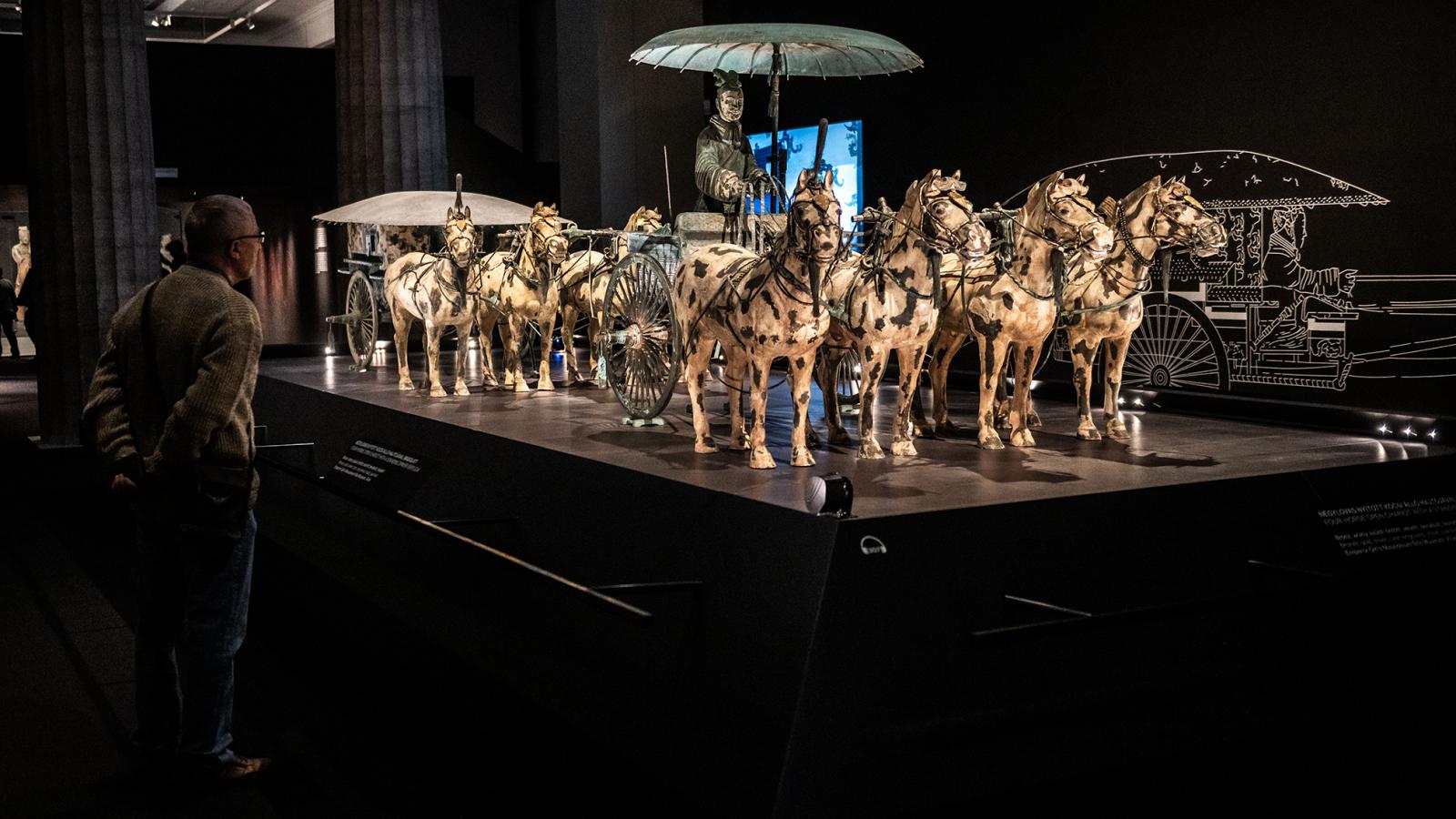 Az első császár túlvilágra vivő két lovas kocsija is bekerült sírjába, ezek pontos másolatai láthatók a kiállításon
