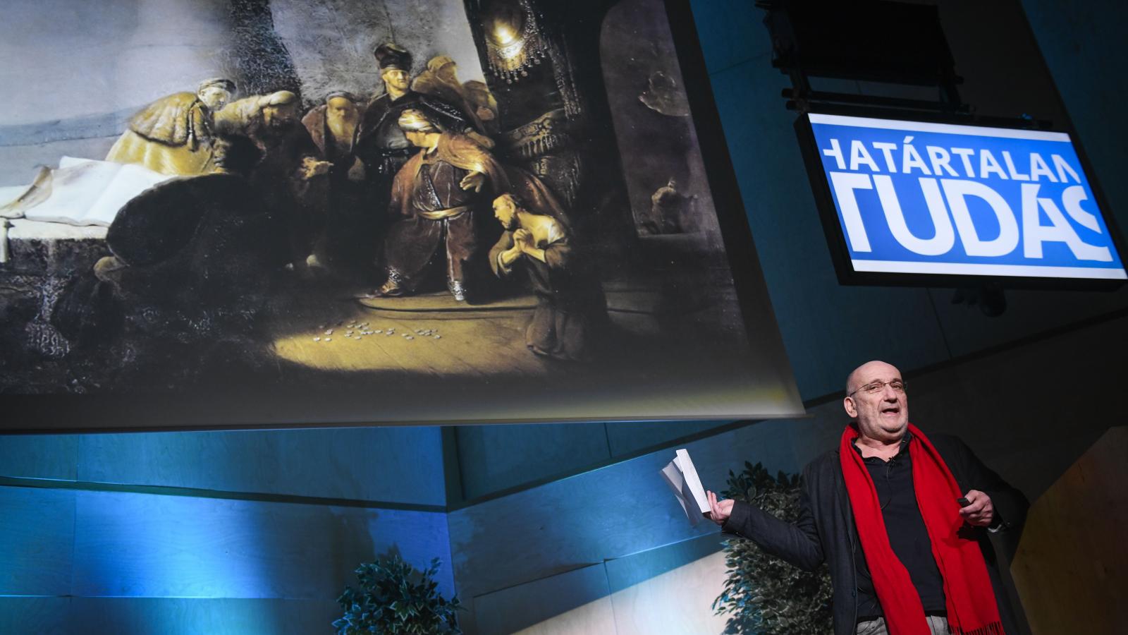 Rényi András művészettörténész Rembrandt fiatalkorában festett, A bűnbánó Júdás visszaviszi az ezüstöket című képét elemezte először