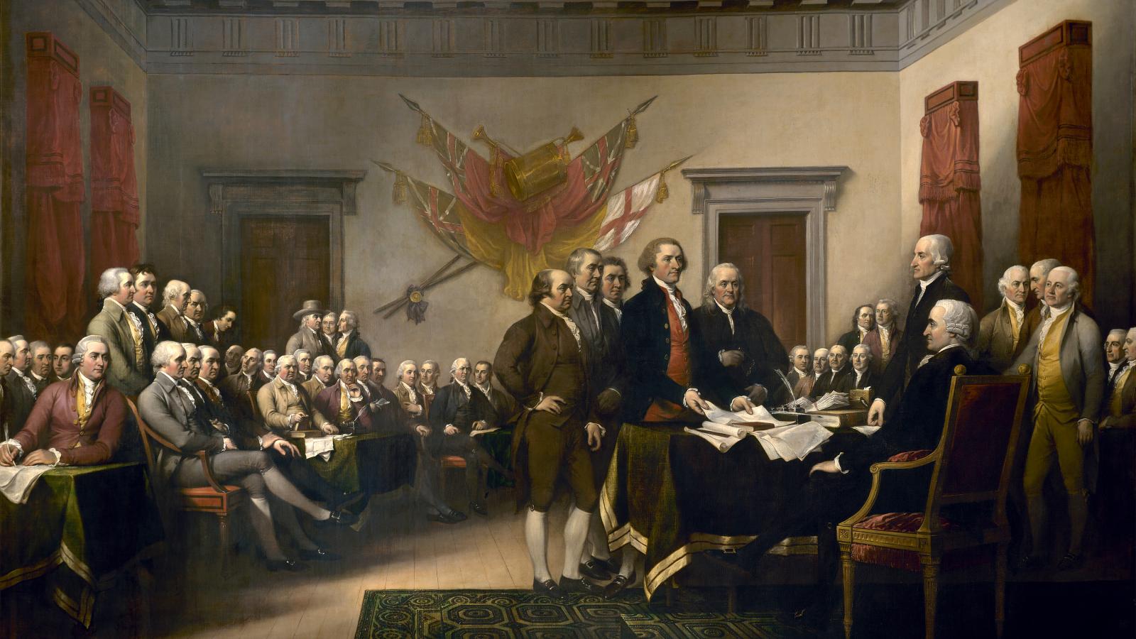 Az öttagú bizottság a kongresszus elé tárja a Függetlenségi nyilatkozat tervezetét (John Trumbull festménye, 1819)