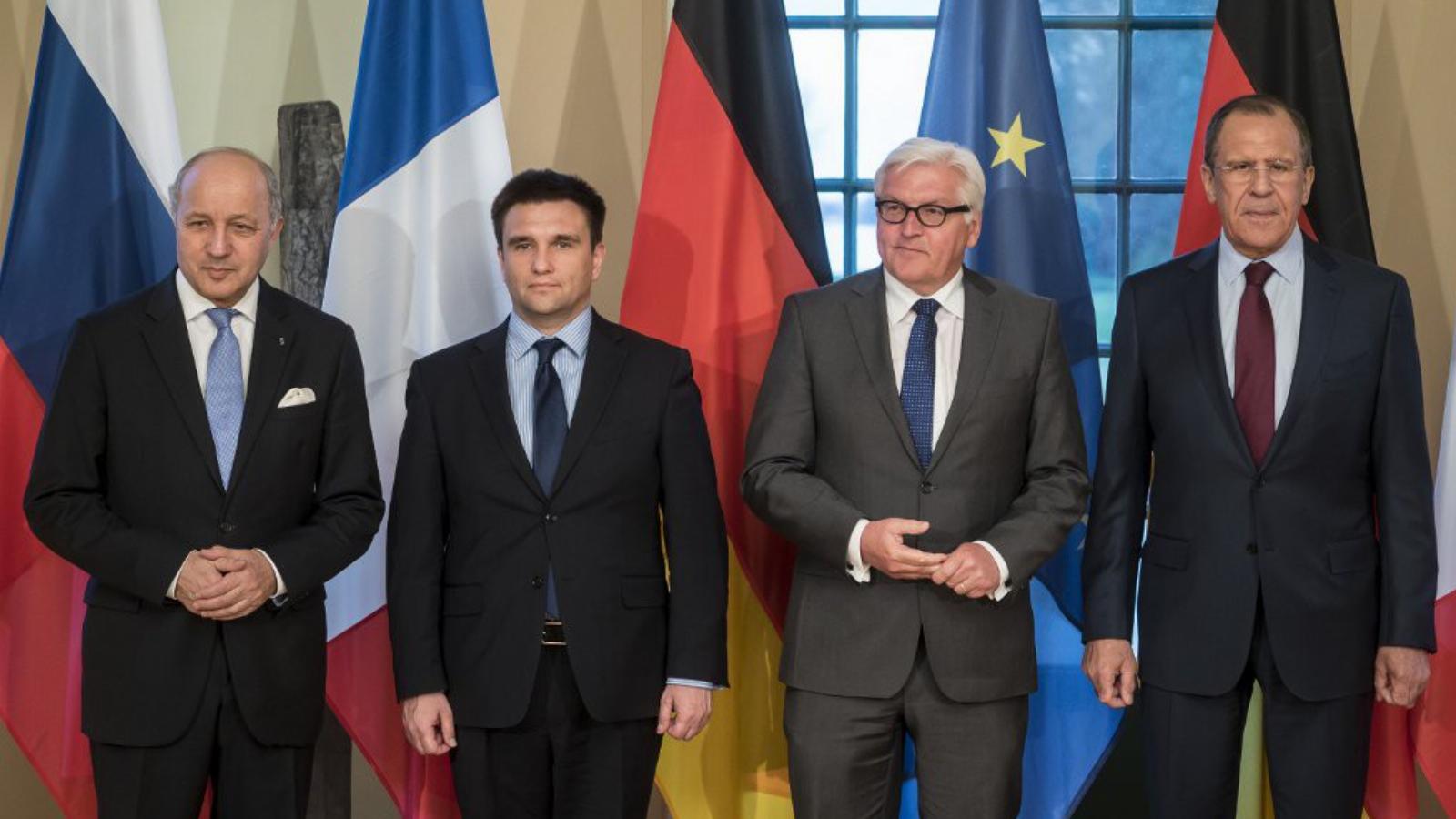 A német és francia diplomácia élteti a minszki folyamatot. Laurent Fabius francia, Pavlo Klimkin ukrán, Frank-Walter Steinmeier 