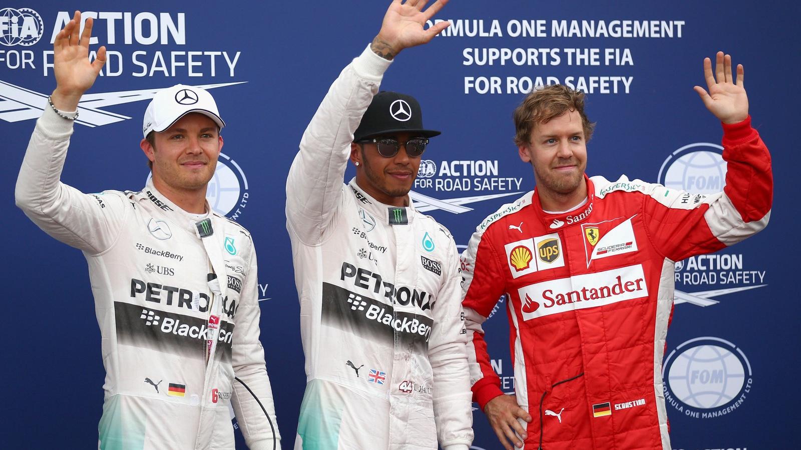 A dobogó legnagyobb esélyesei: Nico Rosberg, Lewis Hamilton és
Sebastian Vettel FOTÓ: EUROPRESS/GETTY IMAGES/PAUL GILHAM