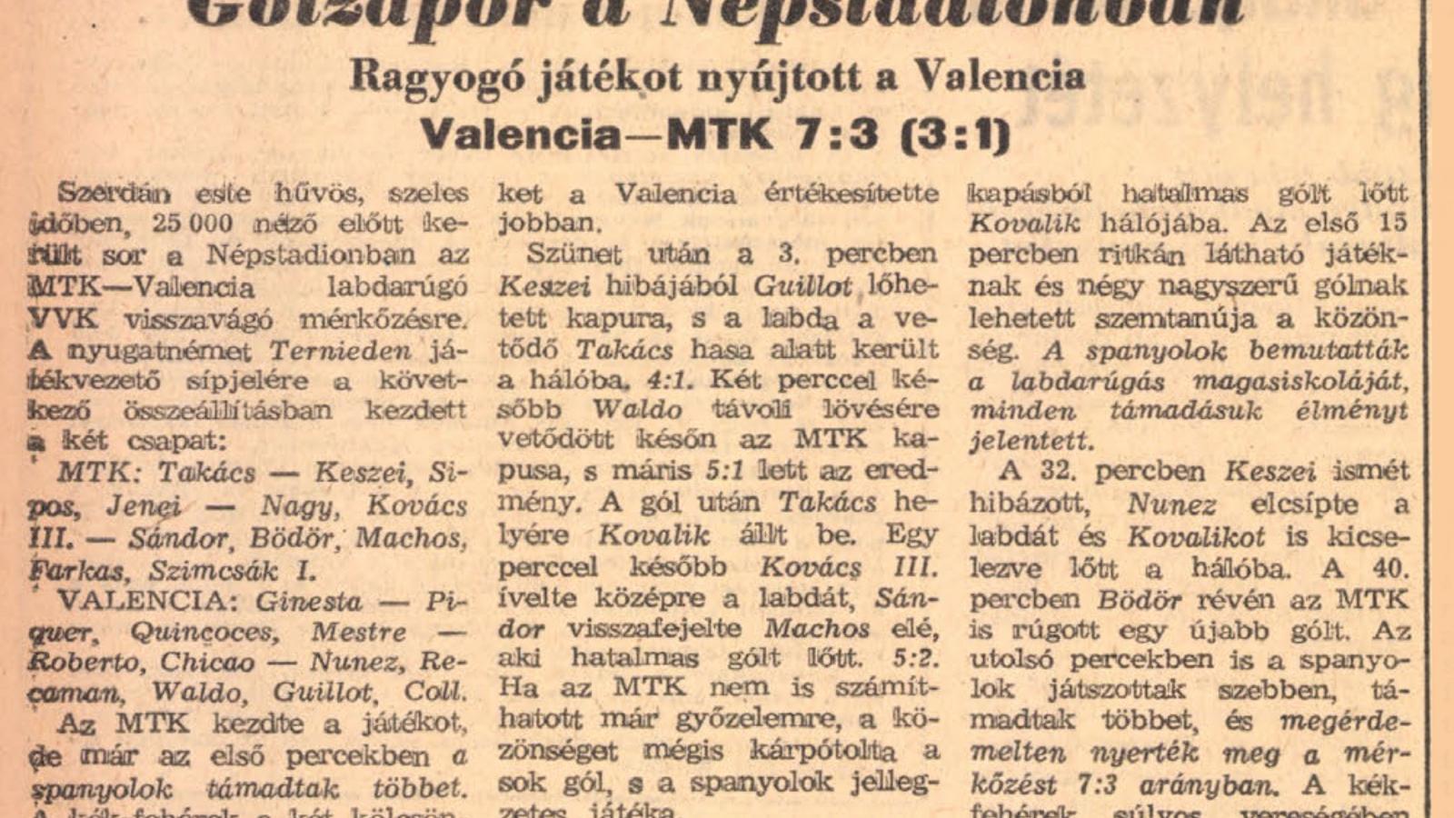 Az MTK csapata 1962-ben (balra) és a Valencia együttese a Barcelona ellen megnyert VVK-döntő után a Nou Campban