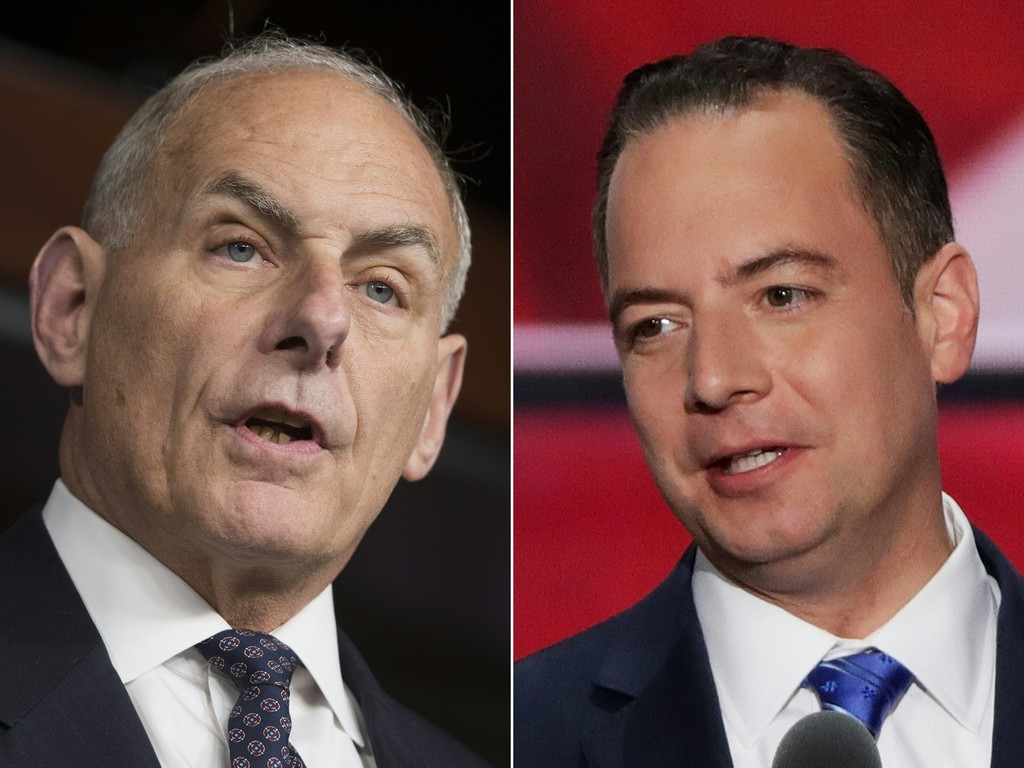 John Kelly mellett jobb oldalon az új kabinetfőnök elődje, <span>Reince Priebus</span>FOTÓ: SAUL LOEB, ALEX WONG / AFP