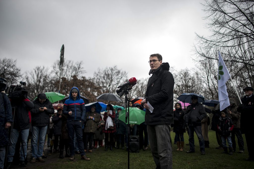 Karácsony Gergő március 15-én a Városligetben. MTI Fotó: Marjai János